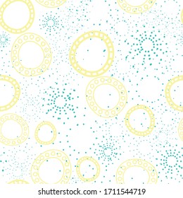 Fireworks, dots and circles in yellow and blue seamless vector repeat surface design