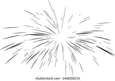 Fireworks drawn by lines. Sun burst, star burst sunshine. Radiating from the center of thin beams, lines. Dynamic style. Abstract explosion, speed motion lines from the middle, radiating sharp