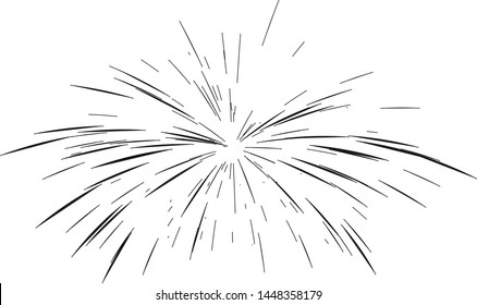 Fireworks drawn by lines. Sun burst, star burst sunshine. Radiating from the center of thin beams, lines. Dynamic style. Abstract explosion, speed motion lines from the middle, radiating sharp