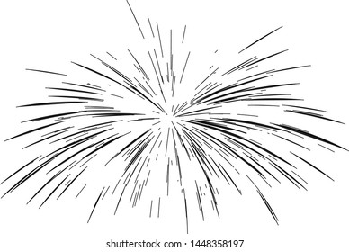 Fireworks drawn by lines. Sun burst, star burst sunshine. Radiating from the center of thin beams, lines. Dynamic style. Abstract explosion, speed motion lines from the middle, radiating sharp