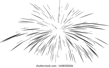 Fireworks drawn by lines. Sun burst, star burst sunshine. Radiating from the center of thin beams, lines. Dynamic style. Abstract explosion, speed motion lines from the middle, radiating sharp