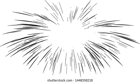 Fireworks drawn by lines. Sun burst, star burst sunshine. Radiating from the center of thin beams, lines. Dynamic style. Abstract explosion, speed motion lines from the middle, radiating sharp