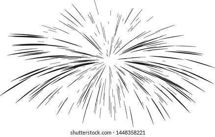 Fireworks drawn by lines. Sun burst, star burst sunshine. Radiating from the center of thin beams, lines. Dynamic style. Abstract explosion, speed motion lines from the middle, radiating sharp