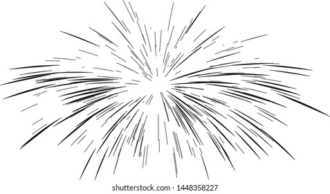 Fireworks drawn by lines. Sun burst, star burst sunshine. Radiating from the center of thin beams, lines. Dynamic style. Abstract explosion, speed motion lines from the middle, radiating sharp