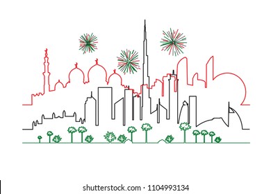 Fireworks in Dubai and Abu-Dhabi cities in national flag colors lines drawings vector illustration. Cityscapes with skyscrapers and UAE landmarks. 