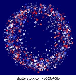 Fireworks effect stars vector circle frame. Red, white and blue holiday border on dark background. Circle, ring, wreath for American Independence Day banner, poster. President Day abstract pattern.