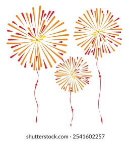 Fireworks element hand drawn isolated. Exploding red, yellow, orange sparks light  vector illustration.Festival colorful celebration, party,decorative,greeting card,new year card,holiday banner,poster