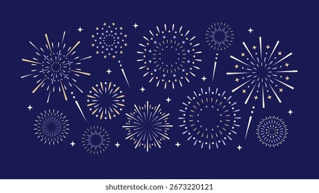 Fireworks elements collection isolated on a dark blue background. Simple flat linear design. Vector illustration. Greeting card Happy New Year 2026 with fireworks design. 