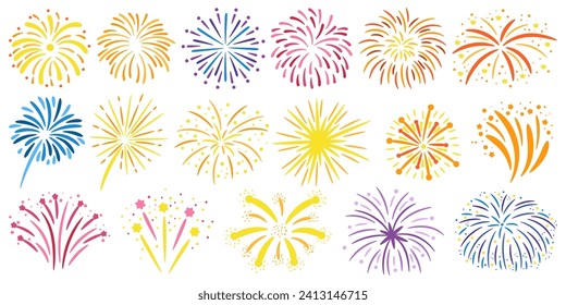 Colección de elementos de fuegos artificiales. Vibrante Burst De Color Y Luz, Explosionando En Una Pantalla Deslumbrante. Perfecto Para Celebraciones, Añadiendo Emoción Y Alegría A La Composición Visual. Ilustración del vector de dibujos animados