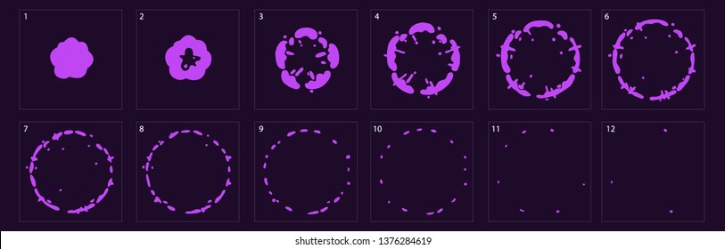 Feuerwerke explodieren für Animation. Explosionsanimation, violetter Spritzenangriff für Spiel-, Cartoon- oder Animationsexplosion.-Vektor - Vektorgrafik