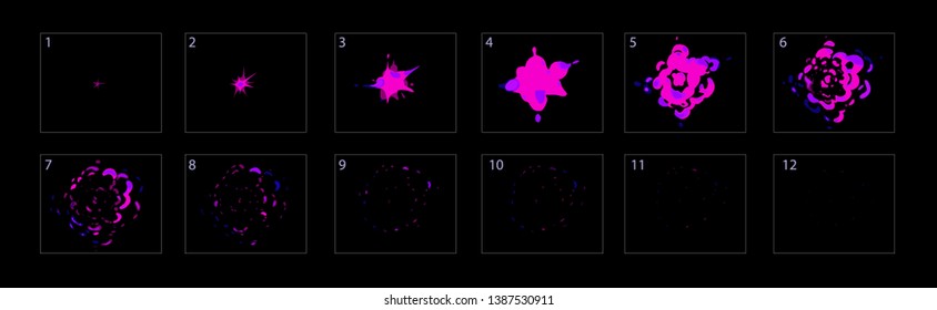 Fireworks explode effect animation. Fireworks burst explosion. Sprite sheet of Game user interface (GUI) element for video games, cartoon or animation. - Vector