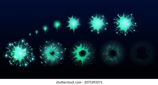 Fireworks explode effect for game animation, burst sprites, user interface GUI elements for videogame, computer or web design. Explosion frames, blue flash lights, Cartoon vector illustration, set