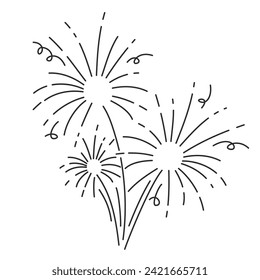 Fireworks explode with rays of fire and sparks line icon. Thin black outline silhouette of fireworks group shining with splashes of sparks, firework explosion monochrome icon vector illustration