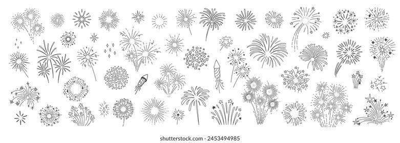 Fireworks exploding with fire and sparks line icons set. Black outline silhouette of starburst, light circle of sun, fireworks with burst of geometric shape monochrome icon pack vector illustration