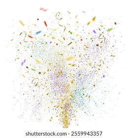 fireworks of exploding gold and multicolored confetti on white background
