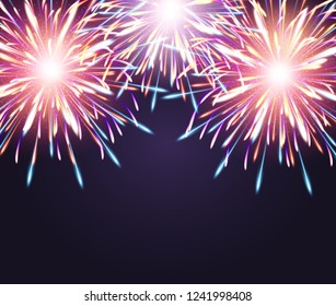 Fireworks explosioms greeting card Happy New Year violet vector