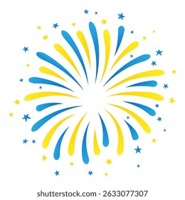 Fireworks взрывается синими и желтыми цветами, изолированными на прозрачном фоне. Векторная иллюстрация ко Дню мира в Украине, Дню независимости и другим национальным праздникам в Украине