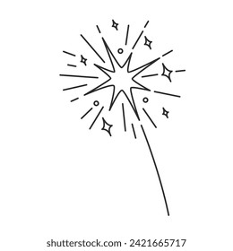 Explosión de fuegos artificiales con el icono de la línea de efecto boom. Los fuegos artificiales de vuelo de contorno negro delgado explotan con partículas de fuego y brillo, icono monocromo de ráfaga de petardos, ilustración vectorial de elemento festivo