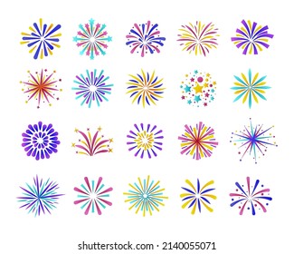 Fireworks explosion. Cartoon party celebration colorful pyrotechnics collection. Vector isolated set