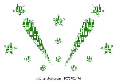 Fireworks Explosion collage of wine bottles and circle particles in various sizes and green colors. Vector objects are combined into fireworks explosion collage. Bottle design concept.