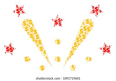Fireworks explosion composition of dollar symbols and spheric spots. Vector banking pictograms are grouped into fireworks explosion shape.