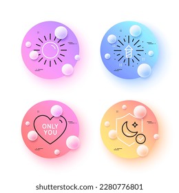 Fireworks explosion, Guard and Only you minimal line icons. 3d spheres or balls buttons. Sun icons. For web, application, printing. Pyrotechnic salute, Secure sleep, Love heart. Summer. Vector