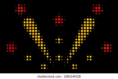 Fireworks explosion halftone vector icon. Illustration style is pixel iconic fireworks explosion symbol on a black background. Halftone structure is constructed with round dots.