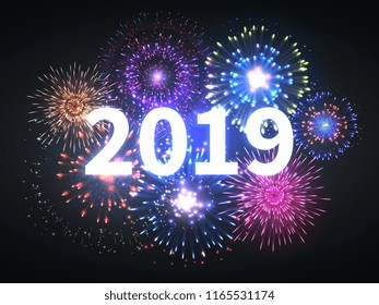 Fireworks explosion. Happy new year 2019 event banner. Pyrotechnics sparks. Festive firework celebration vector background. New year holiday, celebration firework, celebrate party with pyrotechnics