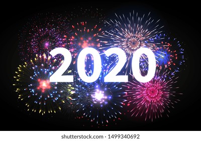 Fireworks explosion. Happy new year 2020 event banner. Pyrotechnics sparks. Festive firework celebration vector backdrop