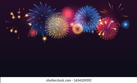 Fireworks explosion horizontal background design. Realistic pyrotechnic explosion, light burst and sparks, illuminated effect isolated on dark blue. Holiday celebration, festive firecrackers, salute