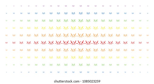 Fireworks explosion icon spectrum halftone pattern. Vector fireworks explosion items are organized into halftone matrix with vertical spectrum gradient. Constructed for backgrounds, covers,