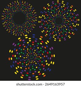 Fireworks explosion illustration. Bright festive spectacle. Celebration pyrotechnic display. Vector light pattern.