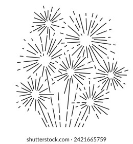 Fireworks explosion of lights line icon. Thin black outline silhouette of festive party big boom, firework rockets fun detonation monochrome icon, carnival sparkles element vector illustration