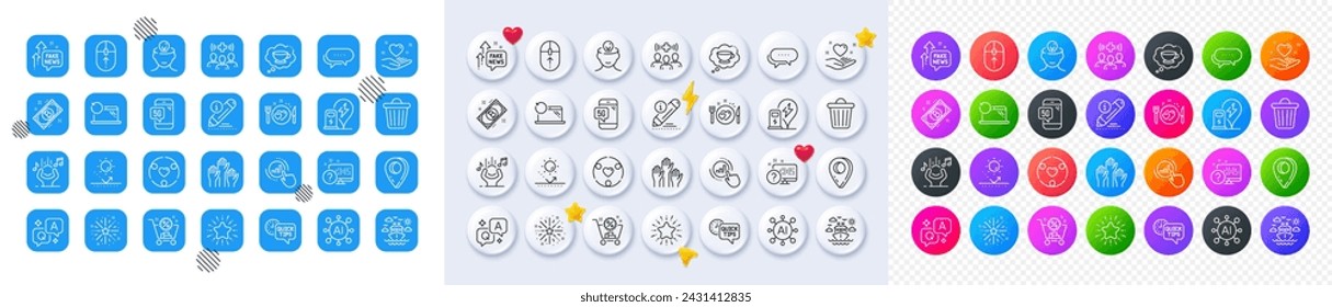 Fireworks explosion, Noise and Hold heart line icons. Square, Gradient, Pin 3d buttons. AI, QA and map pin icons. Pack of Mental health, Graph chart, Romantic dinner icon. Vector