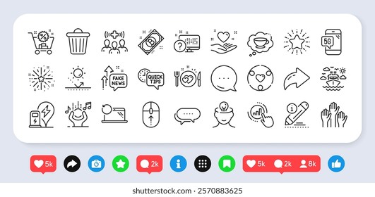 Fireworks explosion, Noise and Hold heart line icons pack. Social media: share, comment, like icons. Mental health, Graph chart, Romantic dinner web icon. Vector