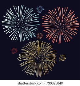 Fireworks explosion on dark blue night background. Vector
