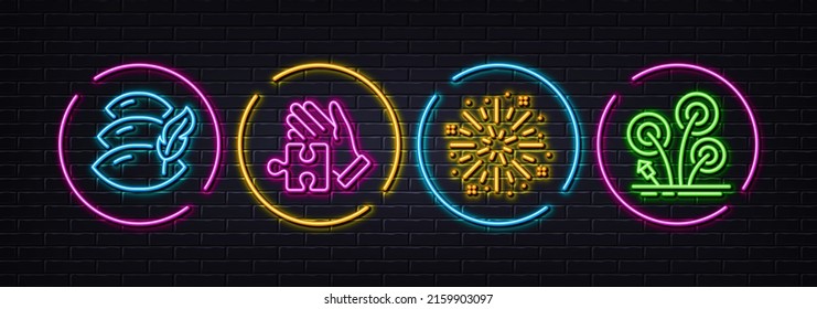 Fireworks explosion, Puzzle and Pillow minimal line icons. Neon laser 3d lights. Fireworks icons. For web, application, printing. Pyrotechnic salute, Jigsaw game, Sleep cushion. Vector