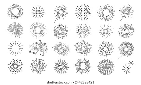 Fireworks explosion of round shape line icon set. Black outline fireworks burst with fire, stars and radial light rays, starburst monochrome icon, entertainment elements collection vector illustration