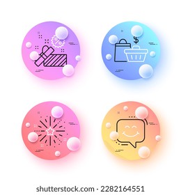Fireworks explosion, Sale and Smile chat minimal line icons. 3d spheres or balls buttons. Sale bags icons. For web, application, printing. Pyrotechnic salute, Gift box, Happy face. Vector