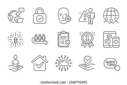 Fireworks explosion, Security lock and Global business line icons set. Quick tips, Approved and Recruitment signs. Social media, Problem skin and Reward symbols. Line icons set. Vector