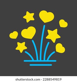 Fireworks explosion splash with stars and hearts isolated glyph on dark background icon. Vector illustration, romance elements. Sticker, patch, badge, card for marriage, valentine