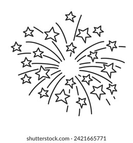 Fireworks explosion with stars, fountain of sparks line icon. Thin black outline silhouette of many flying stars in cloud to celebrate holiday, firecracker display monochrome icon vector illustration