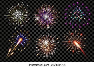 Fireworks explosions 3d im Realismus Design. Unzählige farbige Schaumsalat, Feuerracker Blitze auf transparentem Hintergrund, Urlaub platzt isolierte realistische Elemente. Vektorgrafik