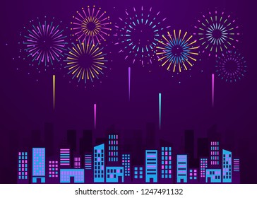 Fireworks explosions above the cityscape poster, greeting card, invitation template vector illustration background