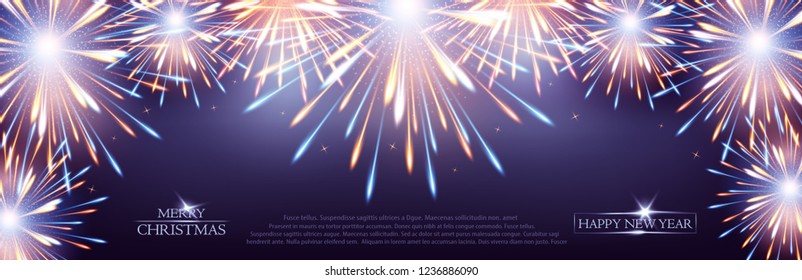 Fireworks explosions frame background violet on greeting card to the Happy New Year vector