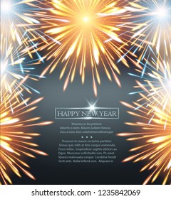 Fireworks explosions frame orange on a greeting card to the Happy New Year vector