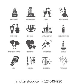 Fireworks, Eye mask, Sweet Cake, Birthday cake, Candle, Magic Trick, Big Heart, Disco Ball icon 16 set EPS 10 vector format. Icons optimized for both large and small resolutions.