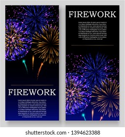 Fireworks festival bursting in various shapes and colors, sparkling lights against black background set of banners or flyers vector illustration. Advertisement of event at night.