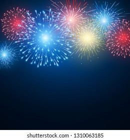 Fireworks. Festival colorful firework. Vector llustration on blue background.