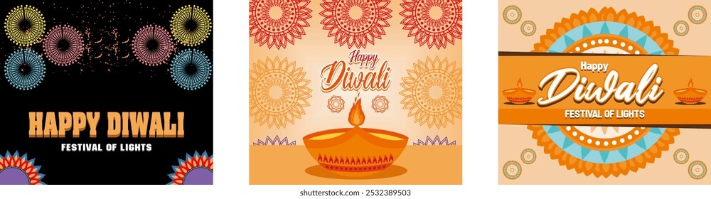 Festival de fuegos artificiales para el diwali. Tarjeta de felicitación del festival Diwali con la lámpara hermosa del aceite. Las Personas Indias Celebran El Festival De Diwali Con Petardos. Conjunto de ilustración moderna de Vector plano